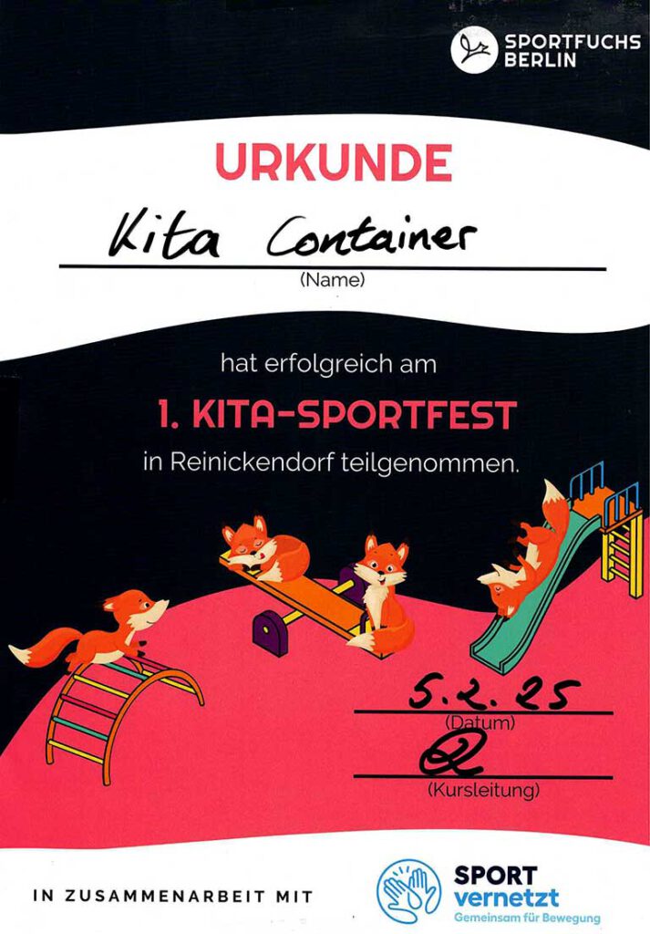 Urkunde der Kita Container zum 1. Kita-Sportfest in Reinickendorf