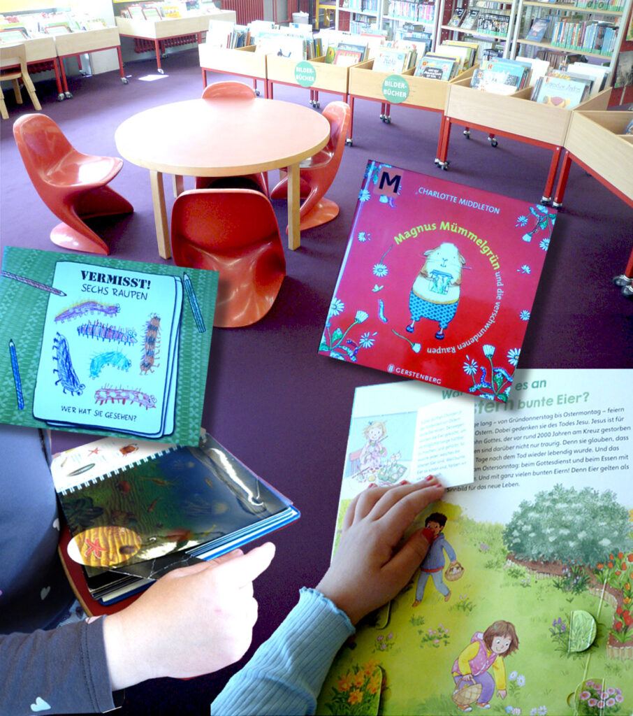Collage vom Büchereibesuch der Kita mit Bilderbüchern und Kamishibai
