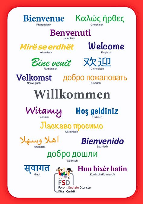 Plakat Willkommen in vielen Sprachen der FSD Kita I GmbH
